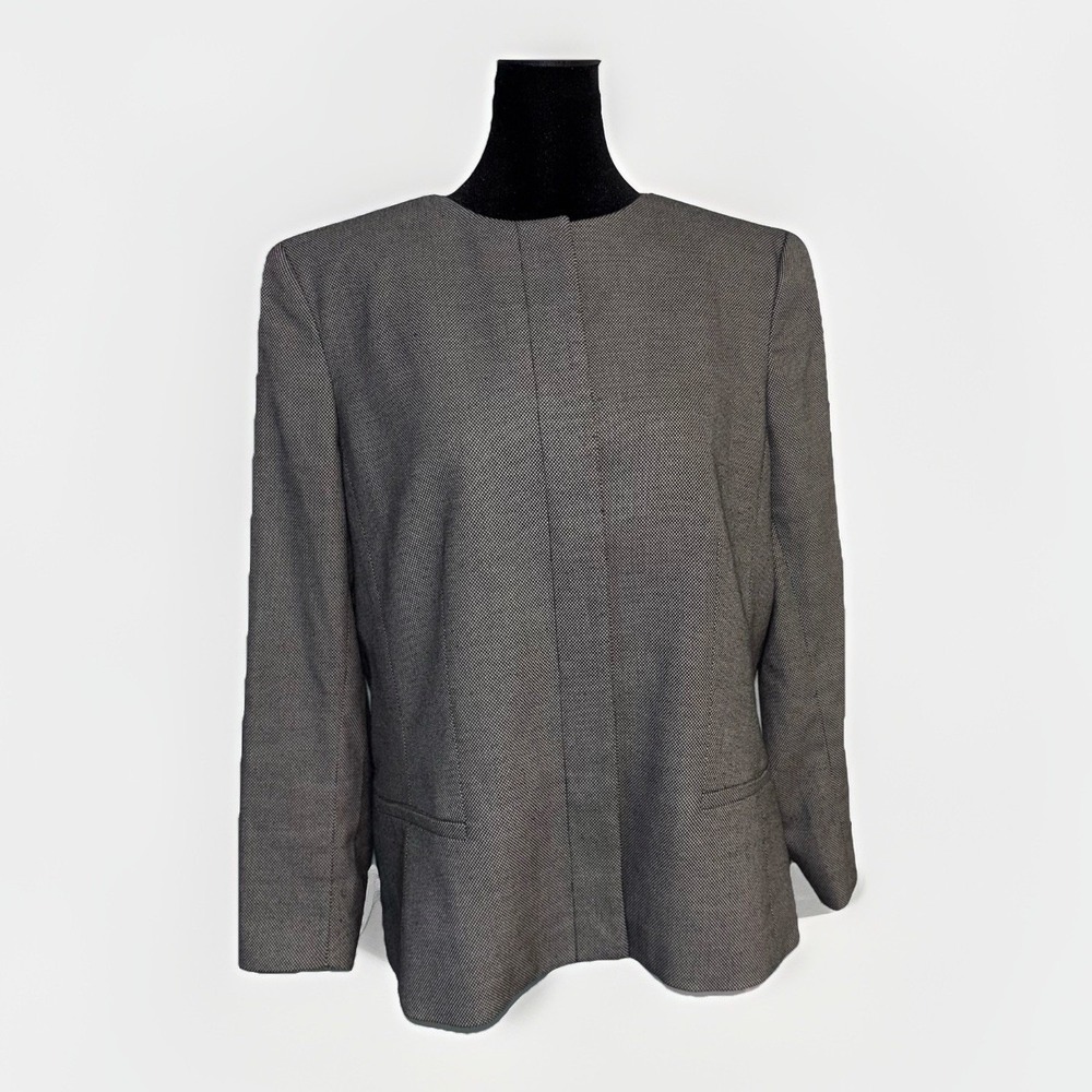 Ann Taylor Collarless Blazer Size 14L Gray White Long Sleeve Hidden Button Front